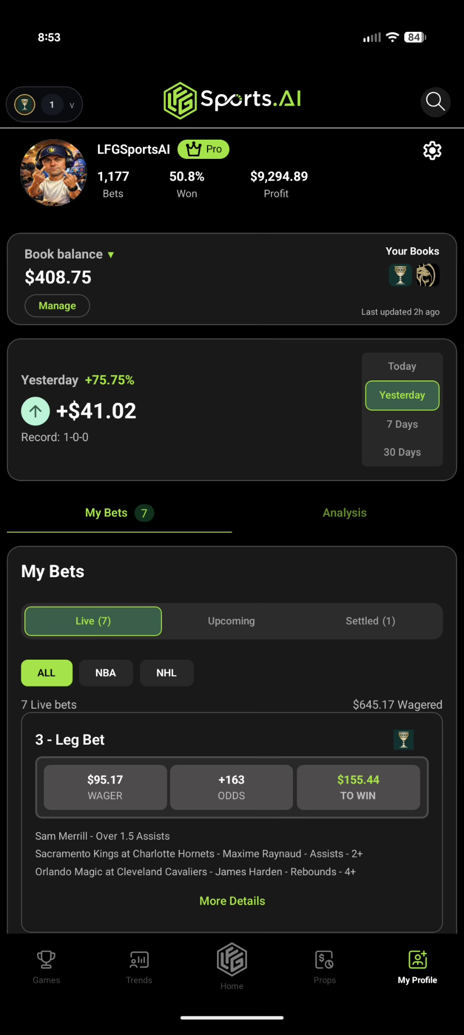 LFG My Bets screen showing live, upcoming and settled bets