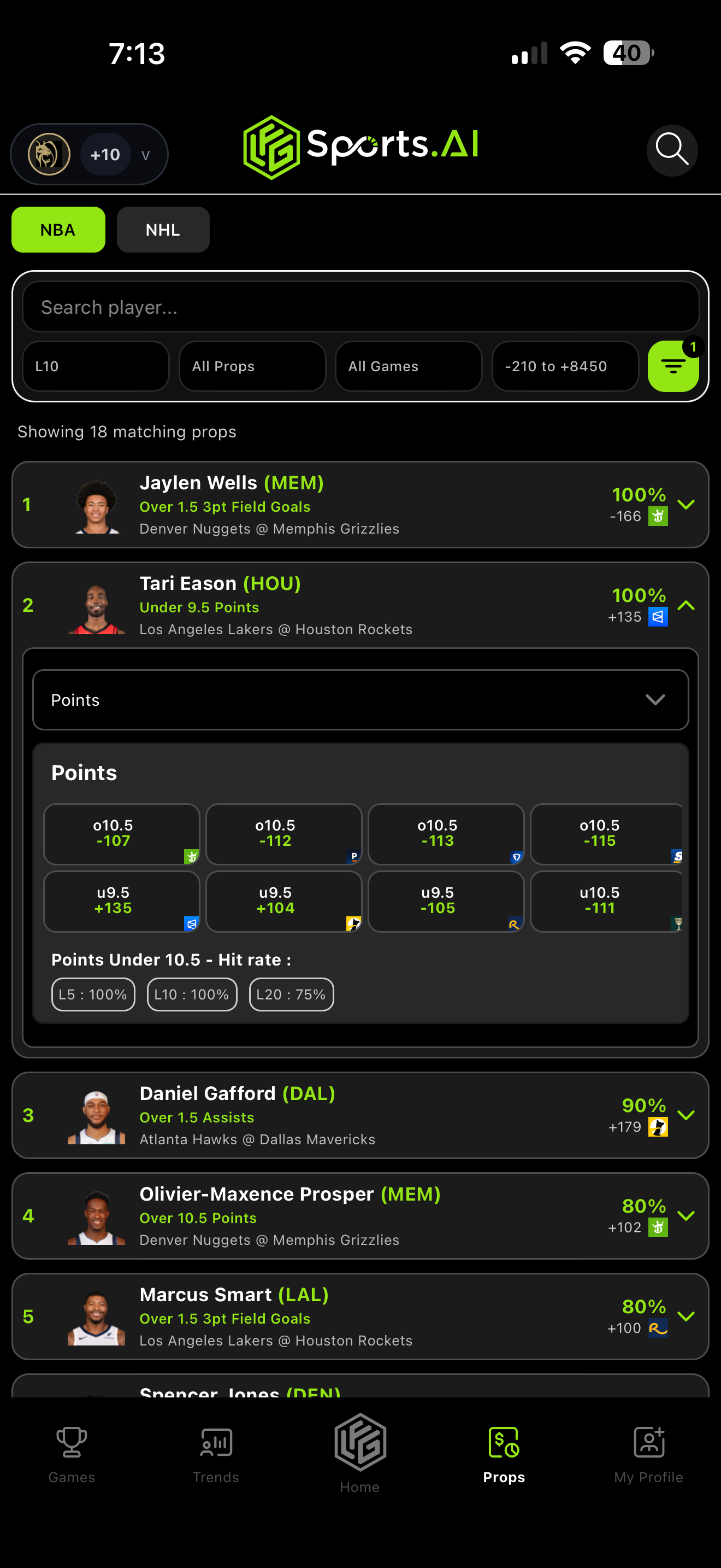 LFG Player Props showing odds across books