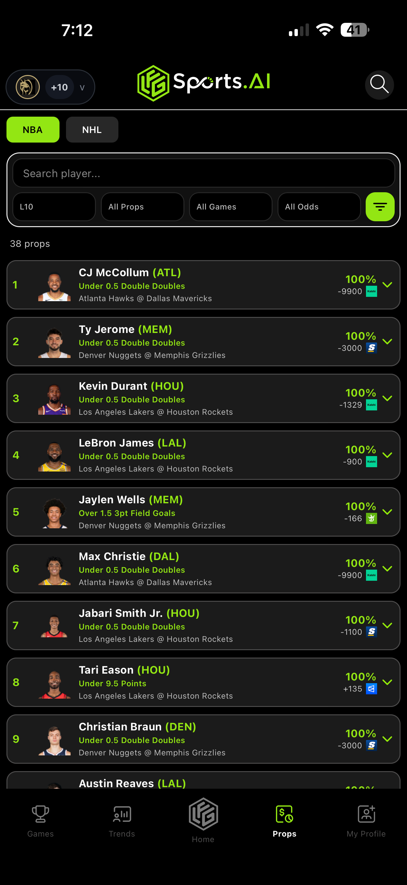 LFG Player Props screen showing hit rates ranked by confidence