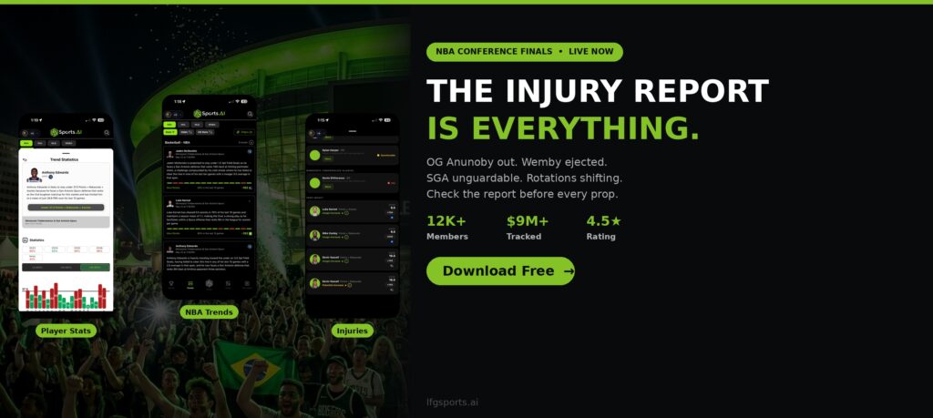 LFG Sports AI NBA conference finals betting 2026 player stats trends injuries dashboard