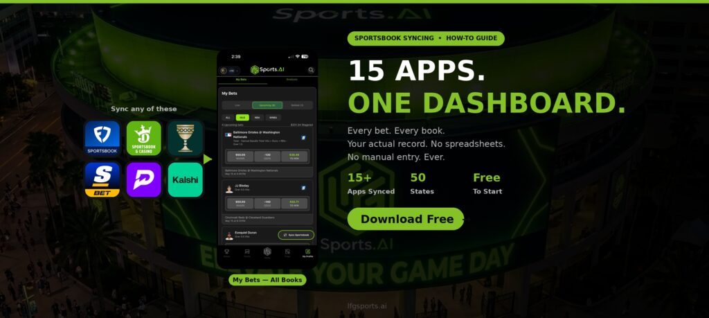 LFG Sports AI track bets across multiple sportsbooks dashboard syncing 15 apps