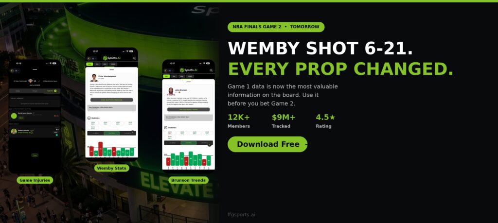 LFG Sports AI NBA Finals Game 2 betting 2026 Wemby Brunson props trends injuries