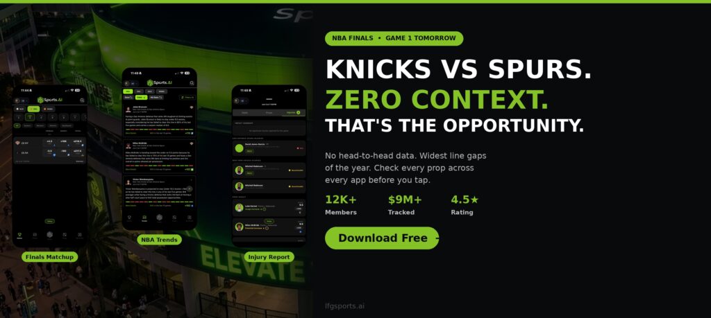 LFG Sports AI Knicks vs Spurs NBA Finals props 2026 games trends injury report