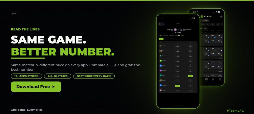 LFG Sports AI showing one MLB game priced across 15+ apps in a single screen, with spread, moneyline, and total compared side by side