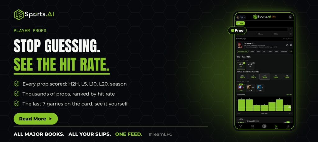 LFG Sports AI player prop hit rate H2H L5 L10 L20 season last 7 games chart